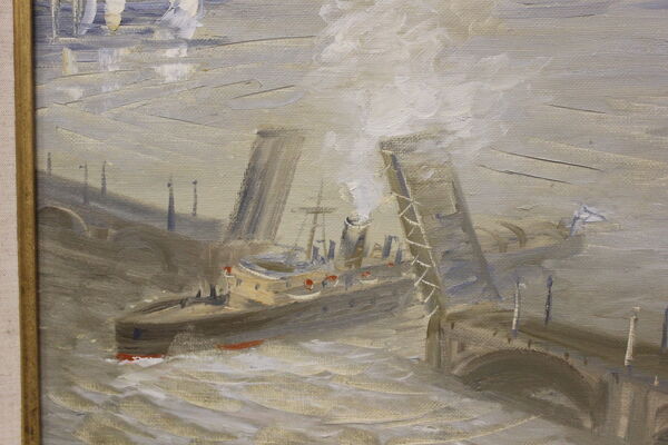 Huile sur toile scène de marine l'entrée au port XX