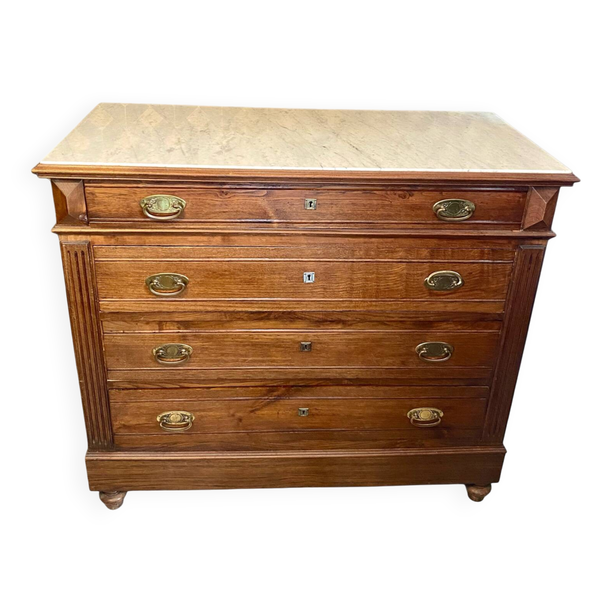 Louis Philippe antique chest of drawers with 4 drawers and a white marble top.