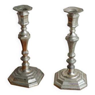 Pair of antique silver-plated metal candlesticks