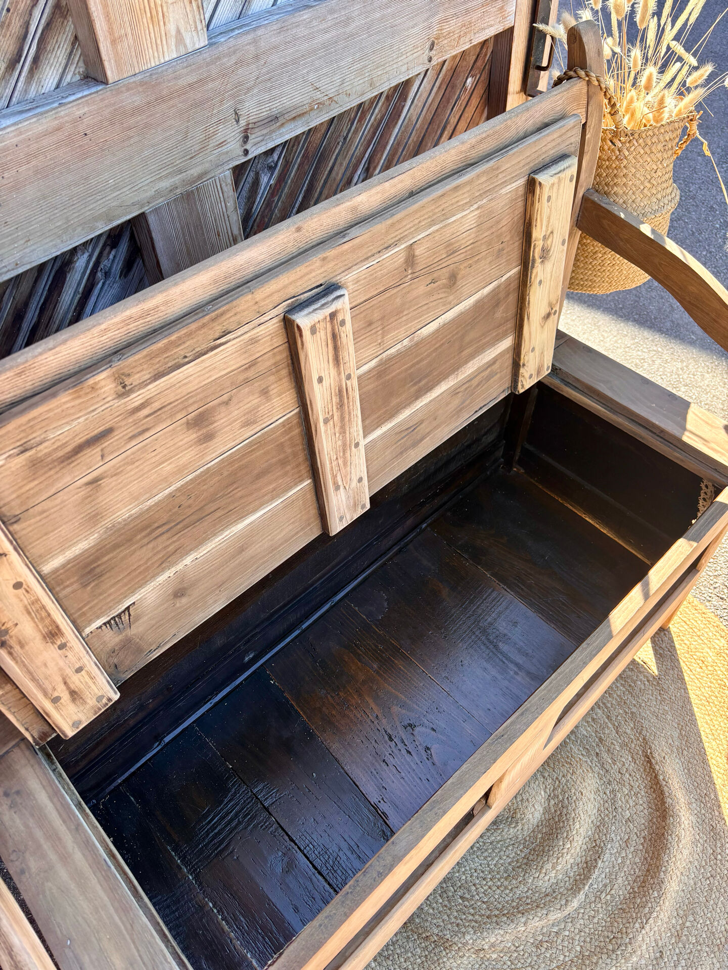 Antique oak solid wood bank with caning.