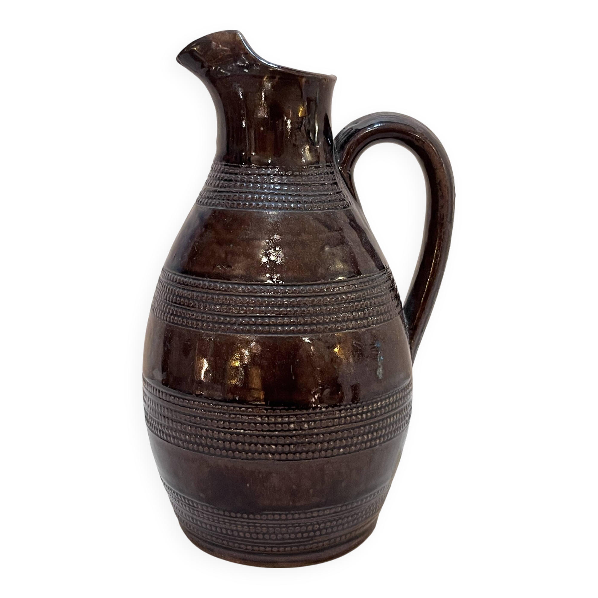 Antique Brutalist Brown Stoneware Pitcher from Berry Vintage Carafe