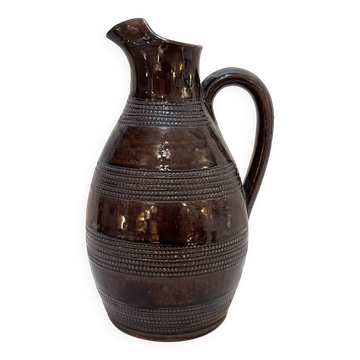 Ancien Pot pichet brutaliste en grès marron du Berry vintage carafe