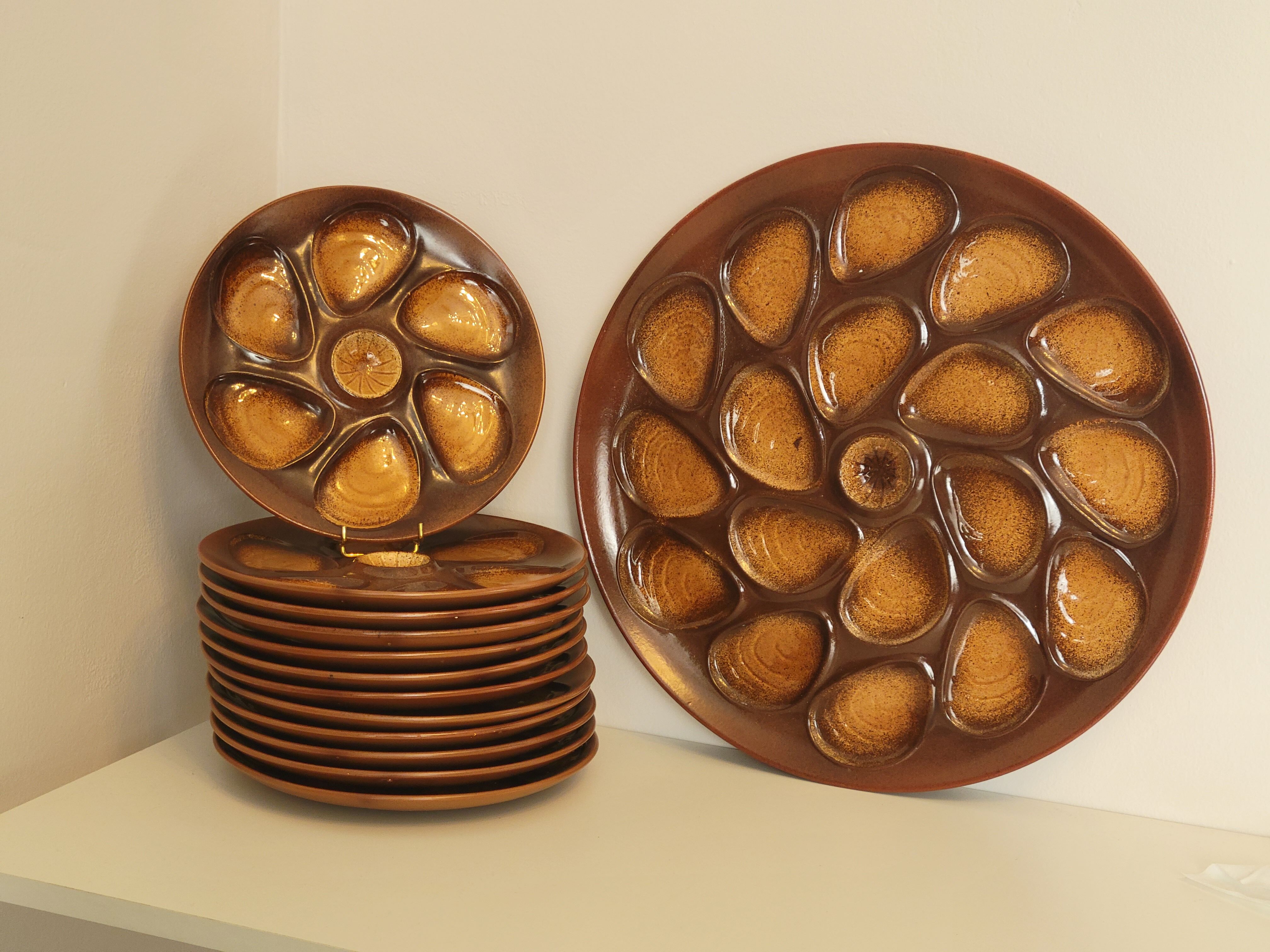 Vintage oyster service Salins earthenware France 9 plates and dish