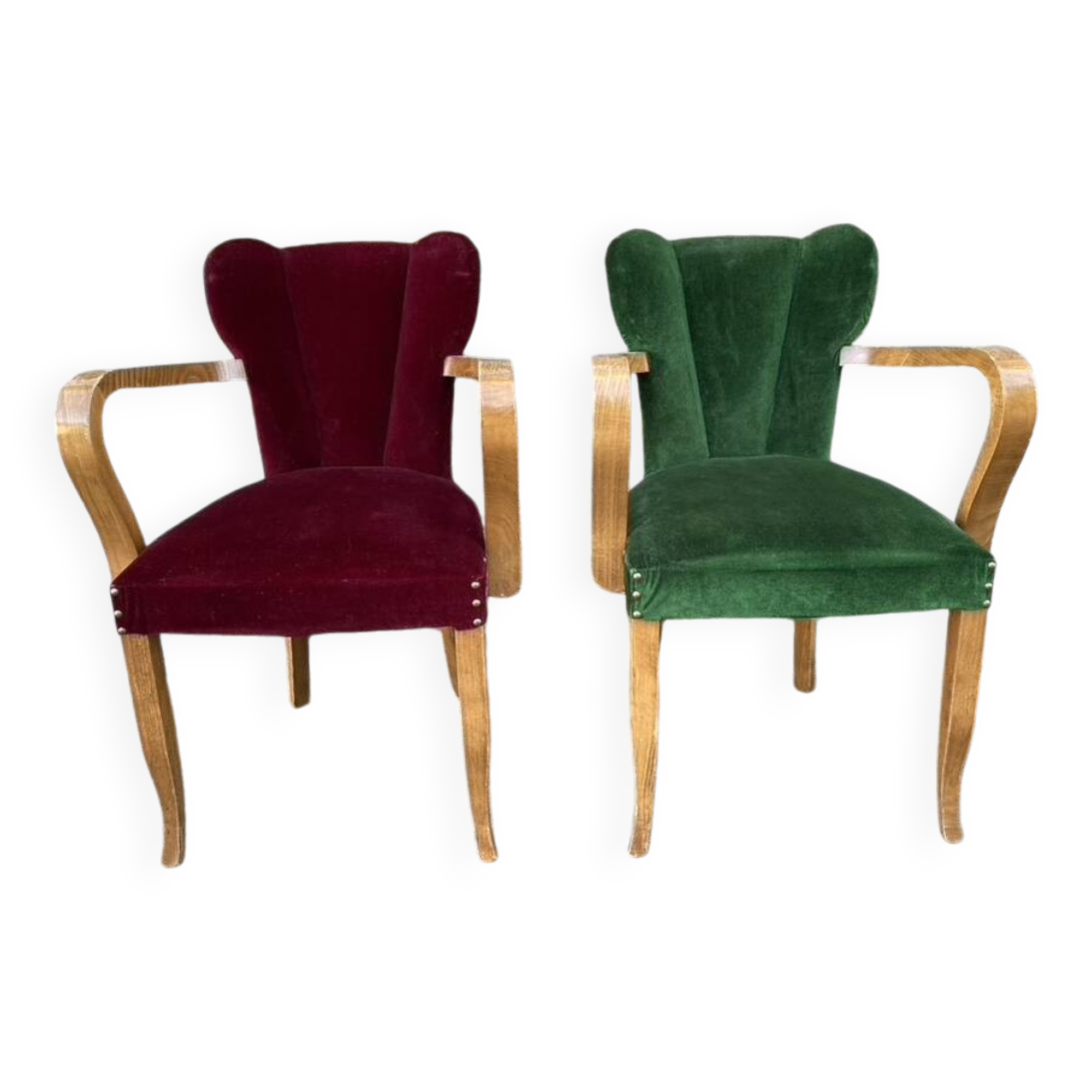 Pair of vintage studded velvet bridge chairs, 1950s