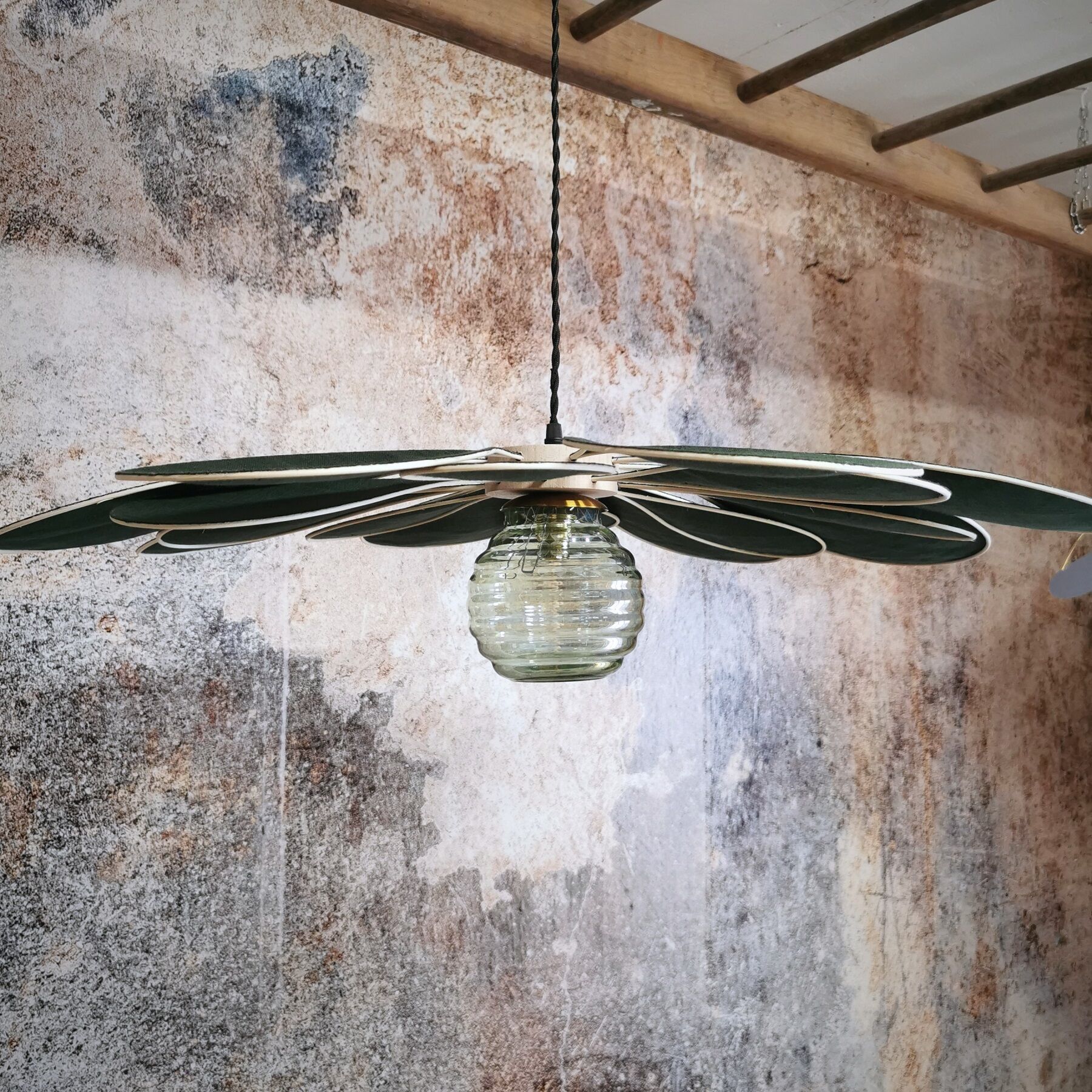 Suspension linen green fir, rattan and old vintage globe