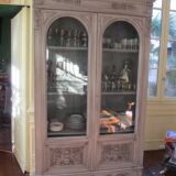 Antique carved buffet display cabinet with gray patina