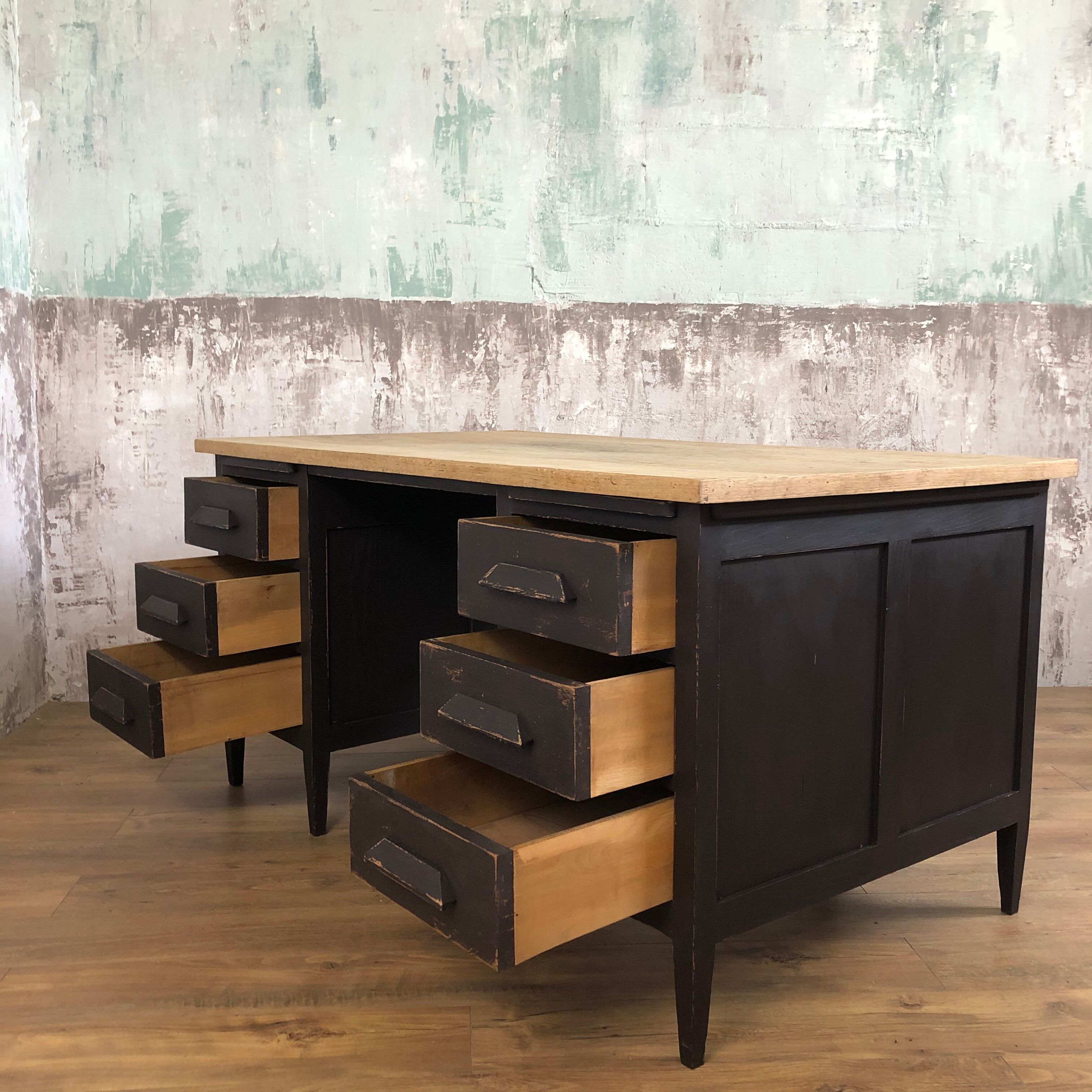Former wooden minister's desk, black patina