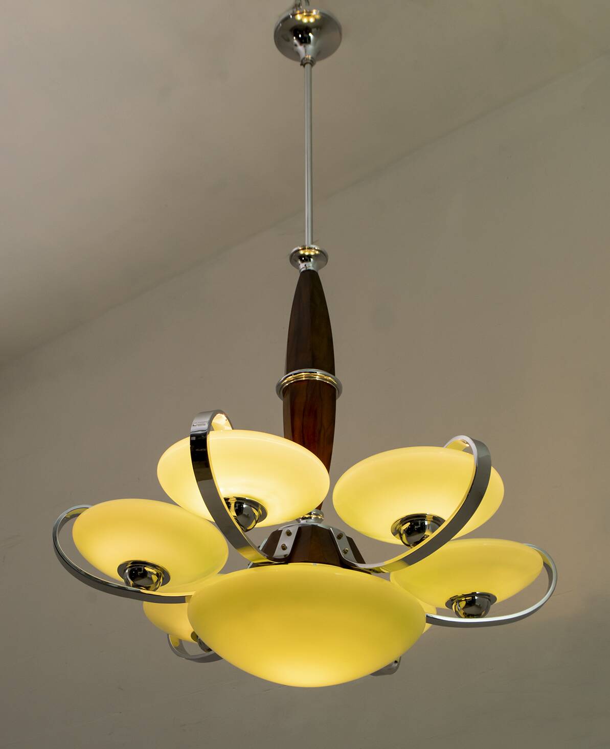 Art Deco Italian Chrome and "Incamiciato" Glass Chandelier, 1930s