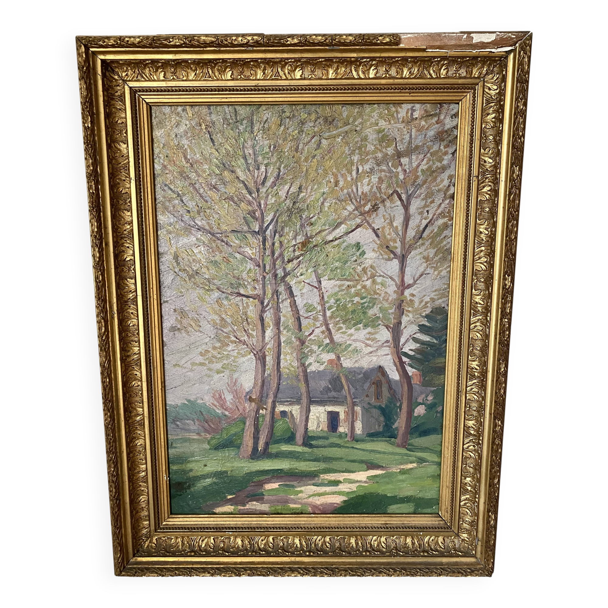Old oil on canvas, wooded landscape with house, gilded frame.