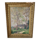 Old oil on canvas, wooded landscape with house, gilded frame.