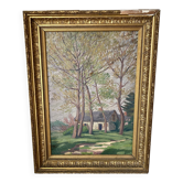 Old oil on canvas, wooded landscape with house, gilded frame.