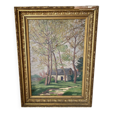 Old oil on canvas, wooded landscape with house, gilded frame.