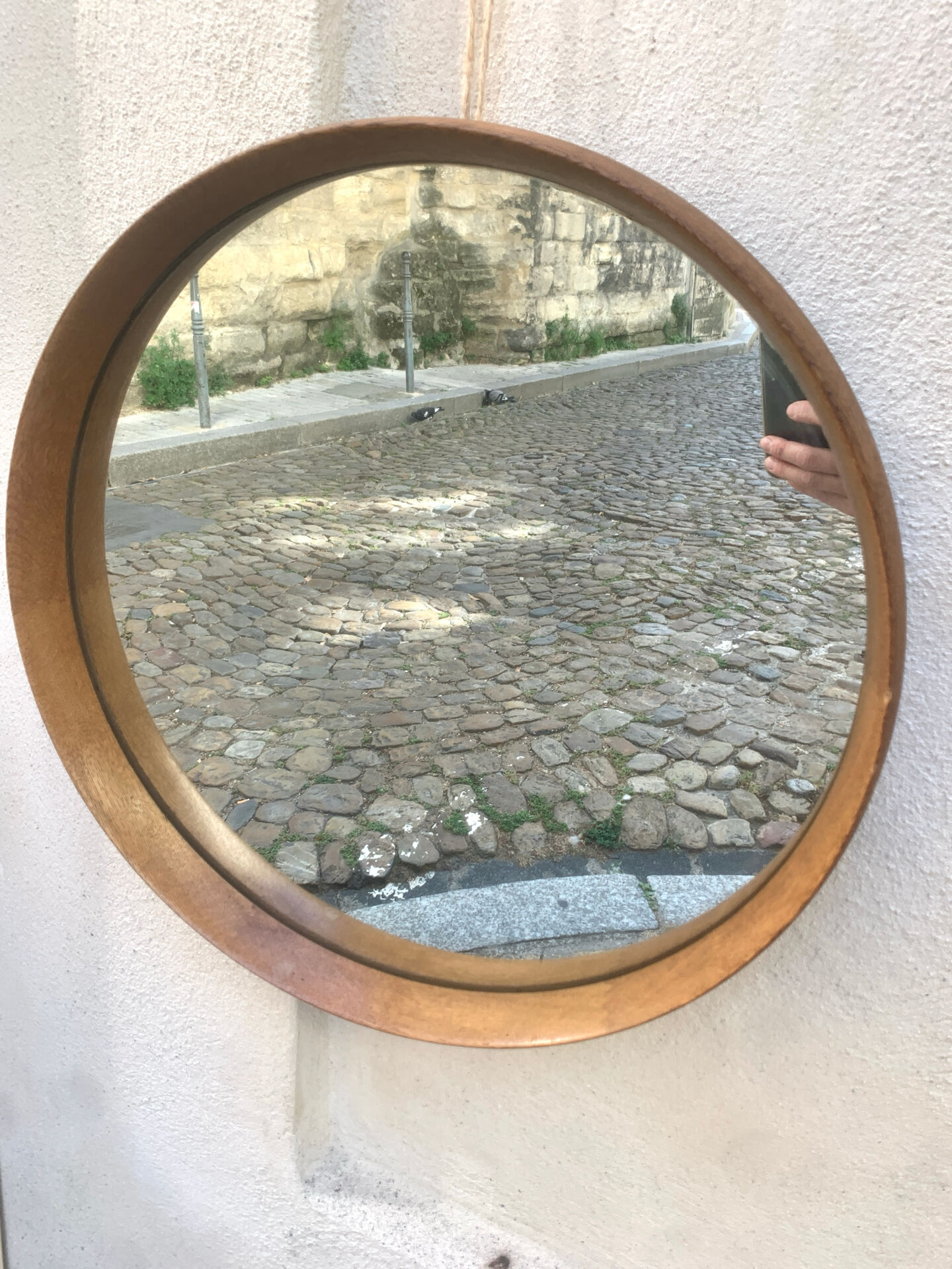 Scandinavian round mirror in teak