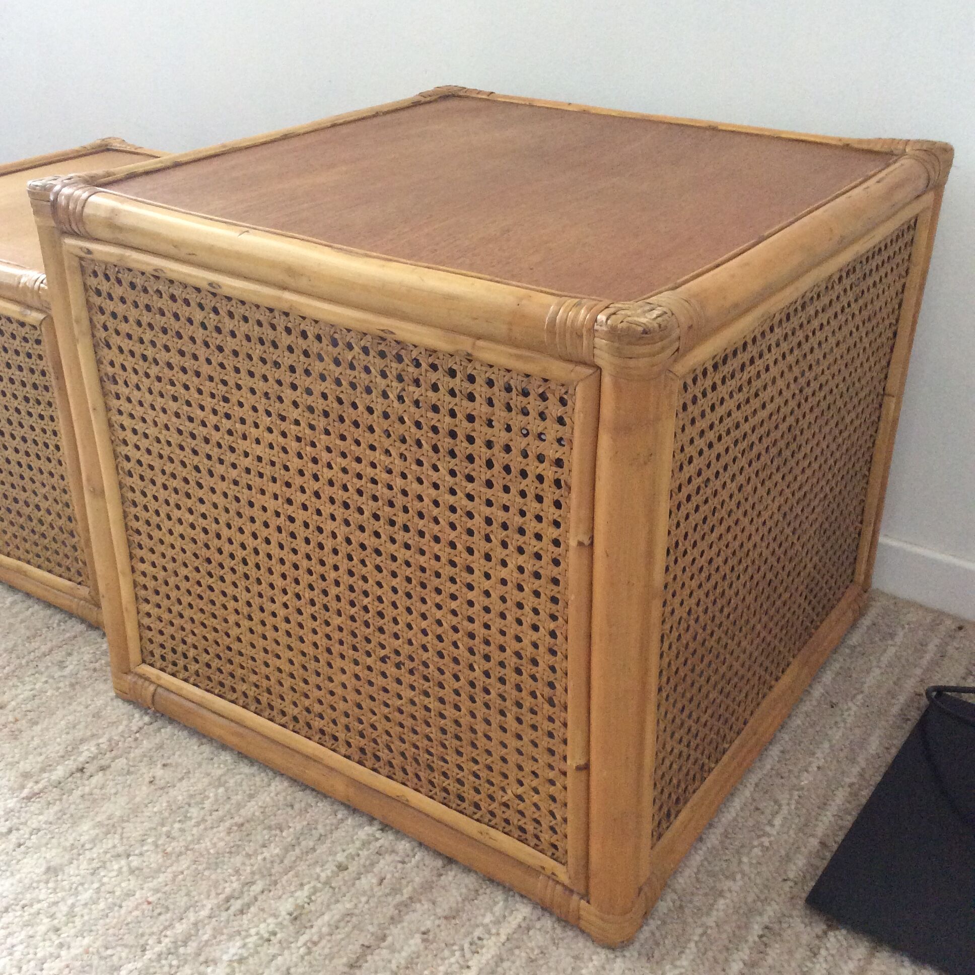 Trio of vintage tables in canning and rattan