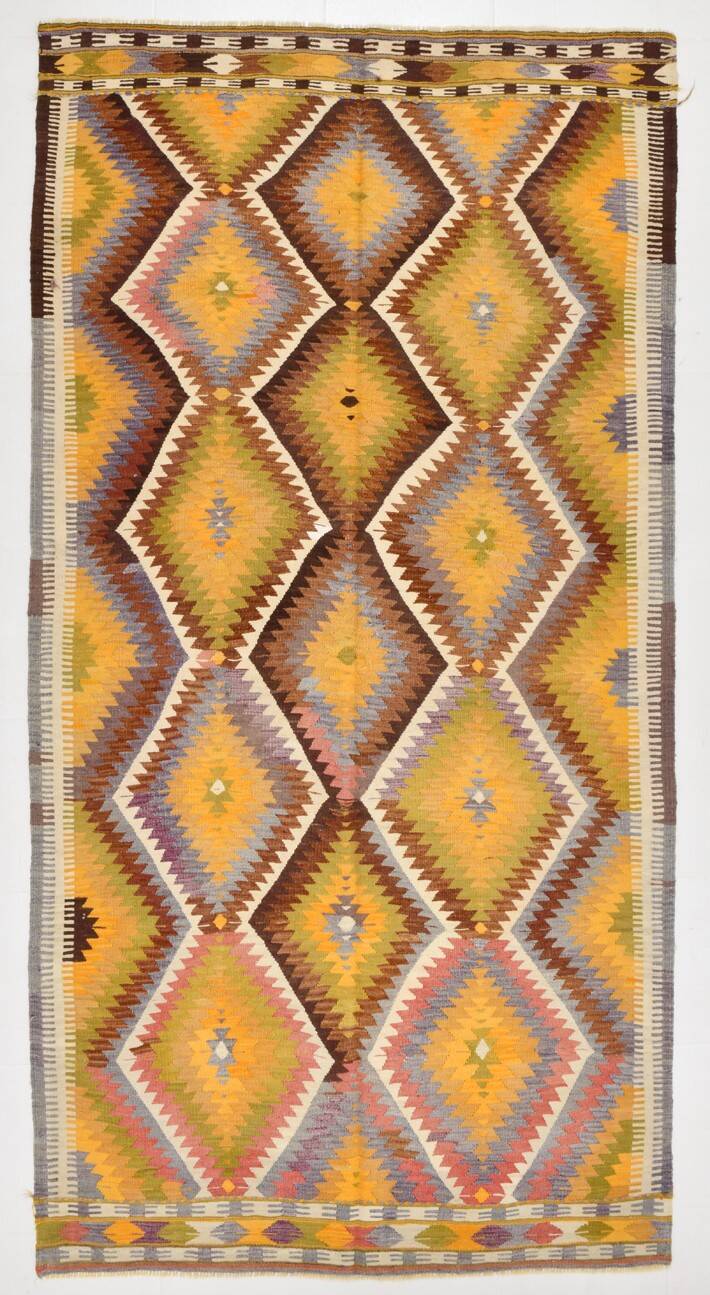 5x10 Kilim Mustard Yellow Geometric Style Area Vintage Kilim Rug,152x296 Cm