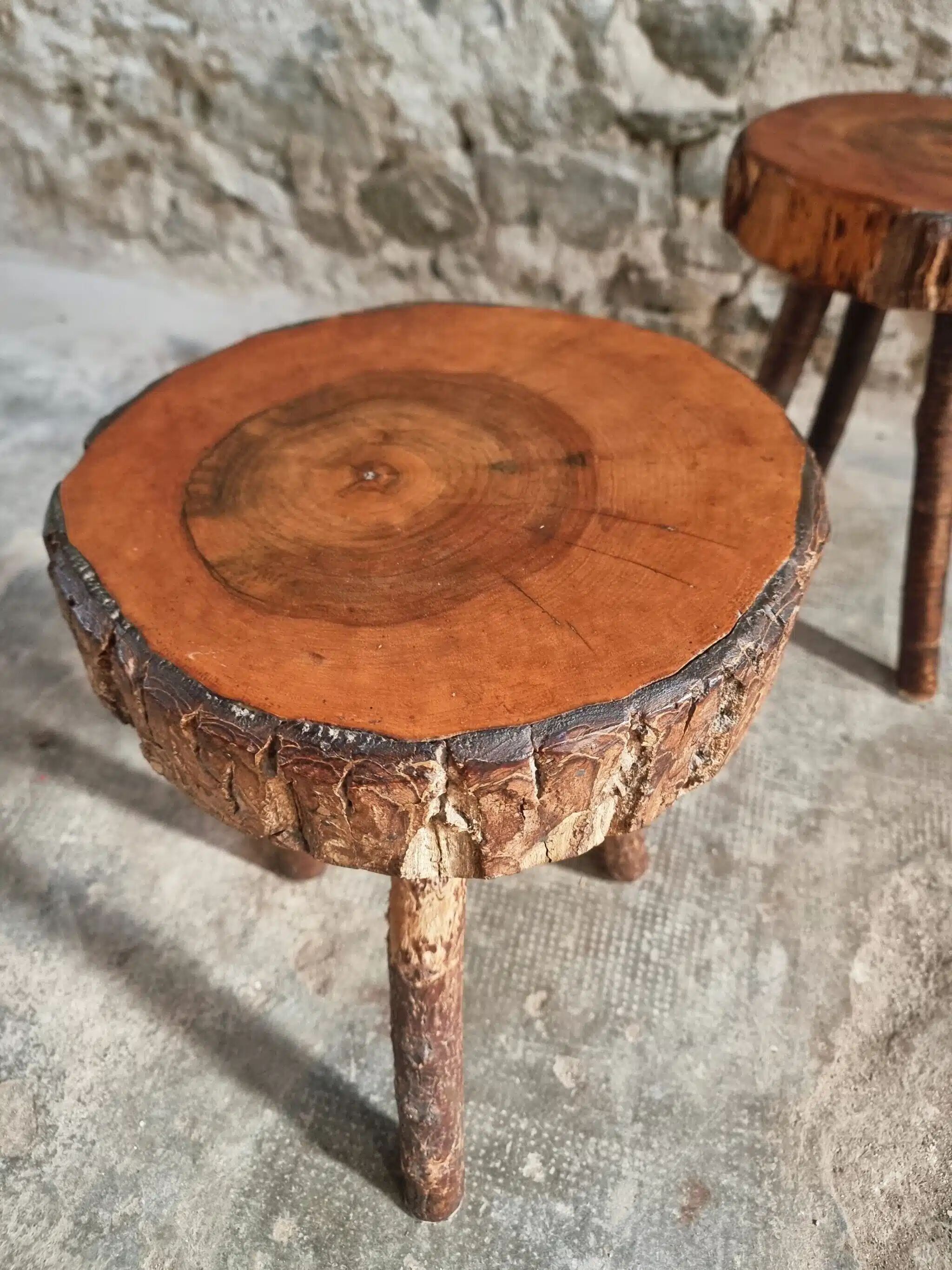 Vintage wooden tripod stools, set of 2, France 1960s