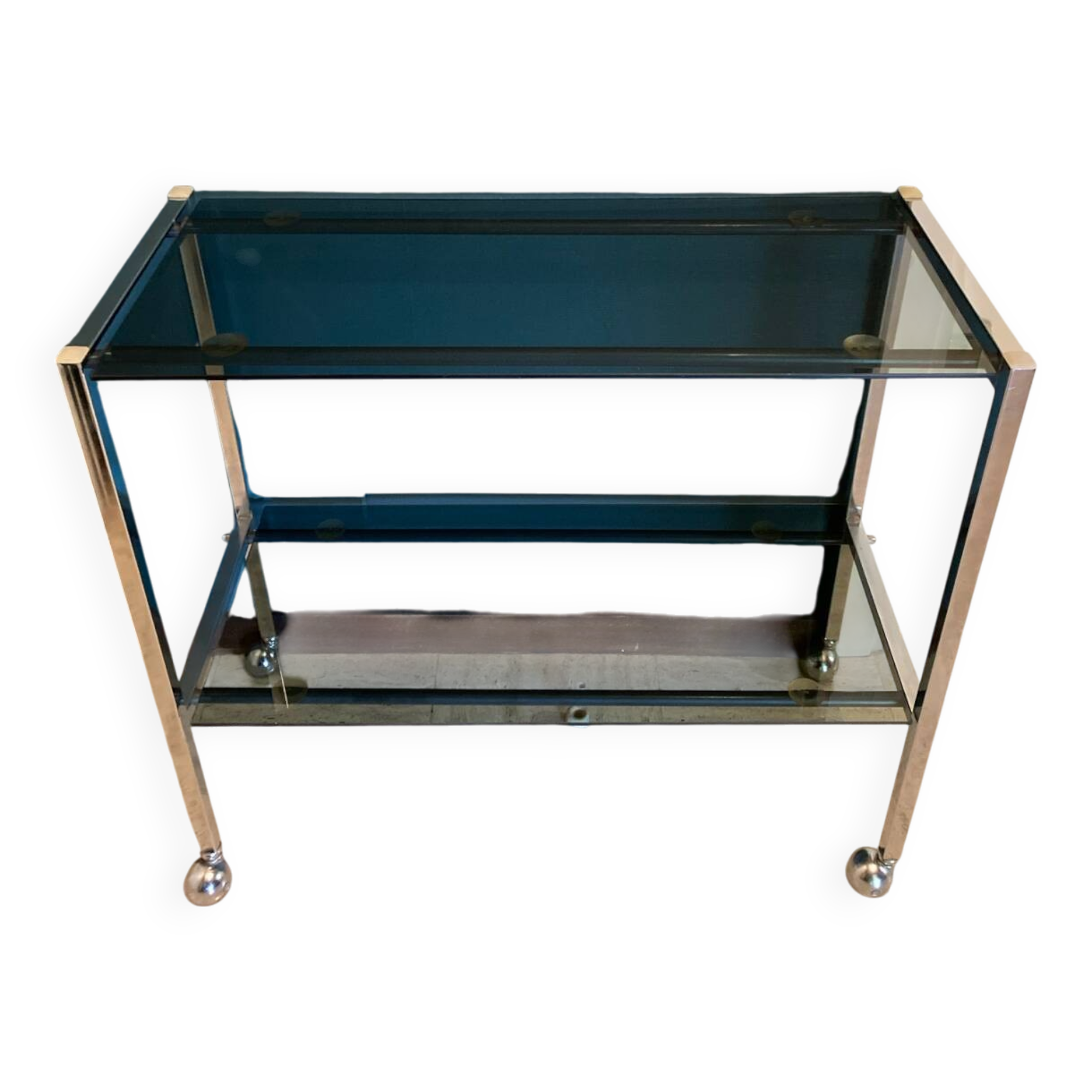 Vintage chrome dessert table, 2 smoked glass trays.