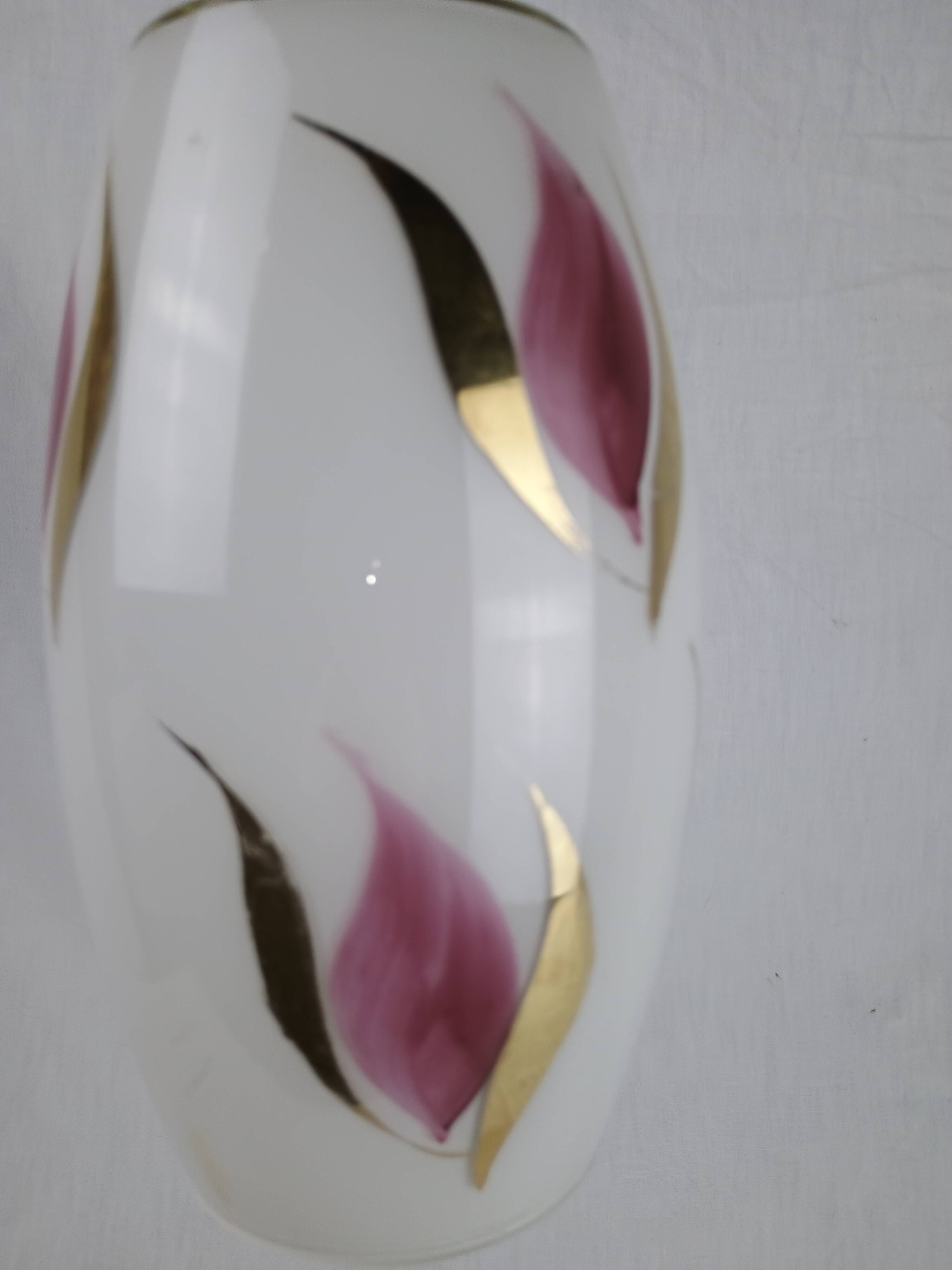Vintage 1950s Pendant Light, Cream White Glass, Pink and Gold Flower Pattern, ARLUS