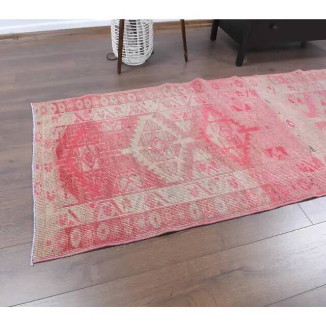 1970s Turkish Hand-Knotted Wool Cotton Pink Runner 88x334