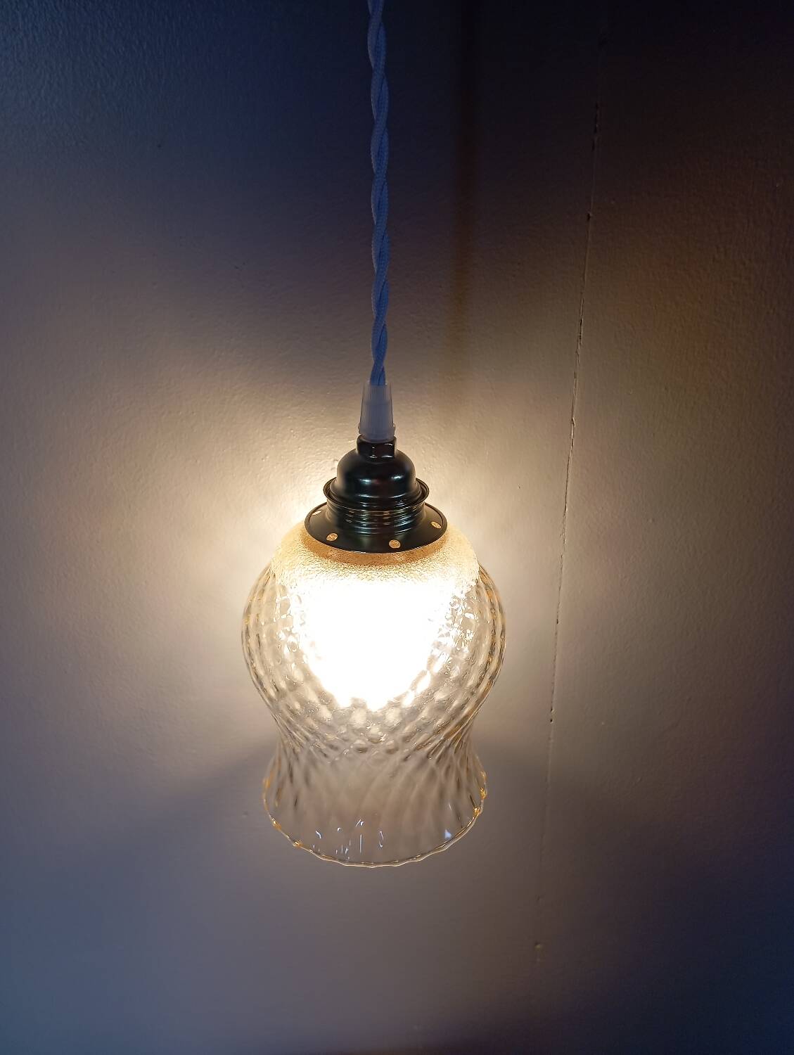 Vintage pendant light, textured amber and granite tulip glass, white twisted cord