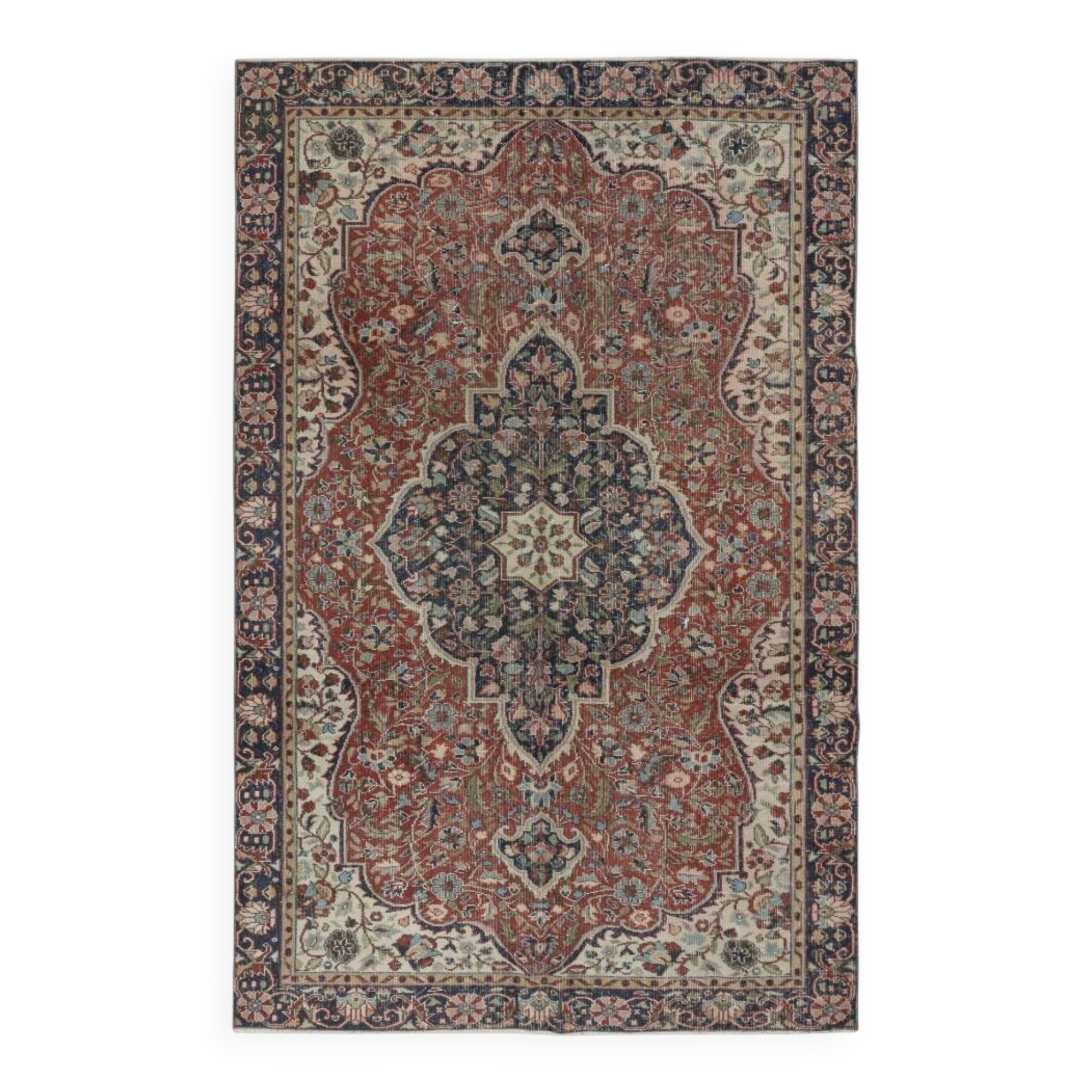 Vintage Handmade Wool Area Rug. One of a kind Turkish Carpet with Medallion Design