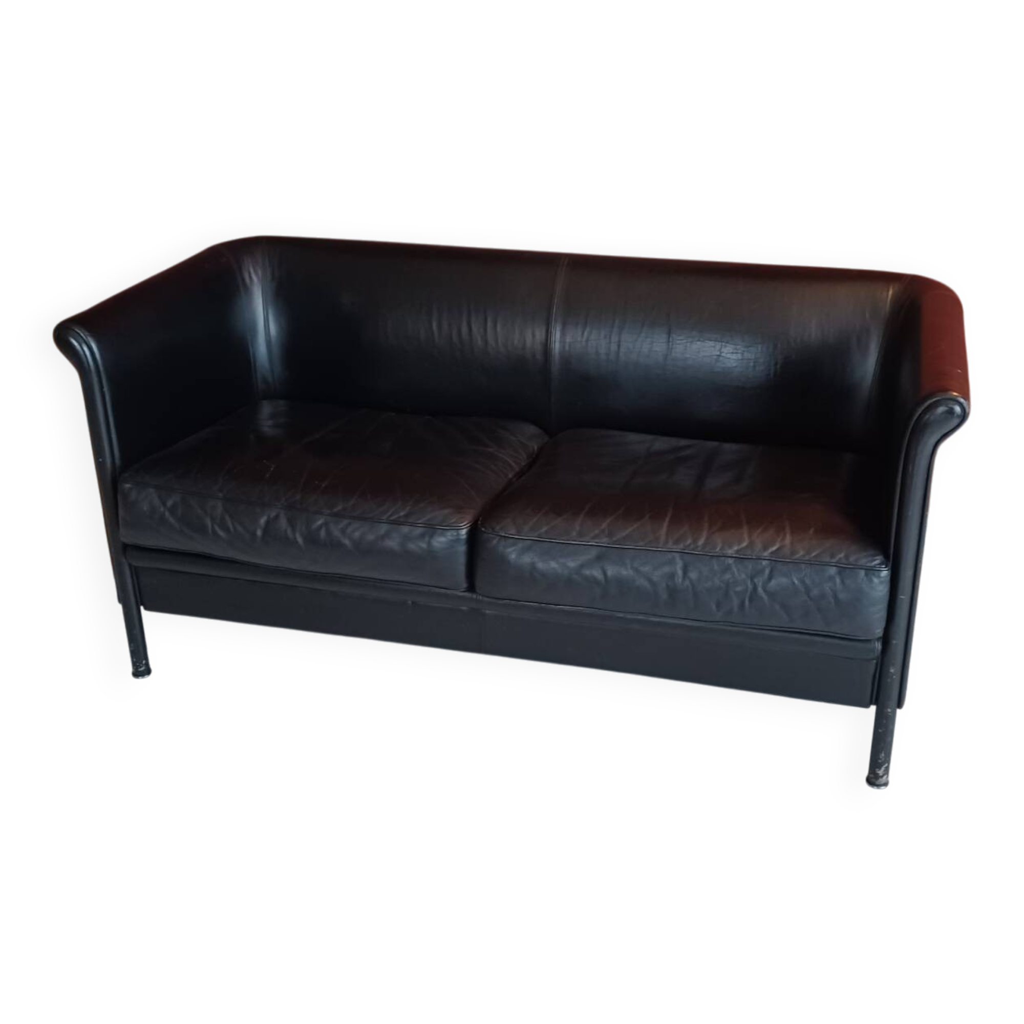 Black leather two-seater sofa