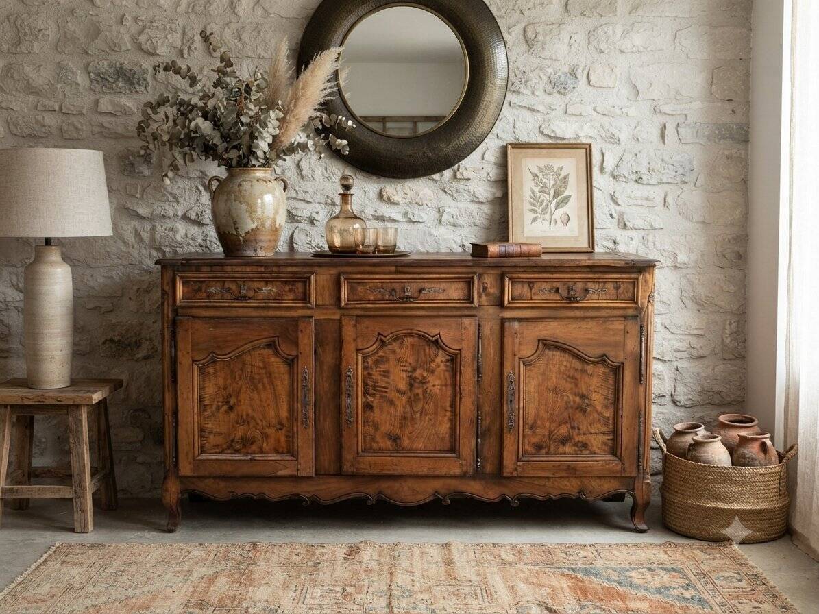 Grand buffet bas Louis XV chêne massif & loupe, quincaillerie fer forgé XVI