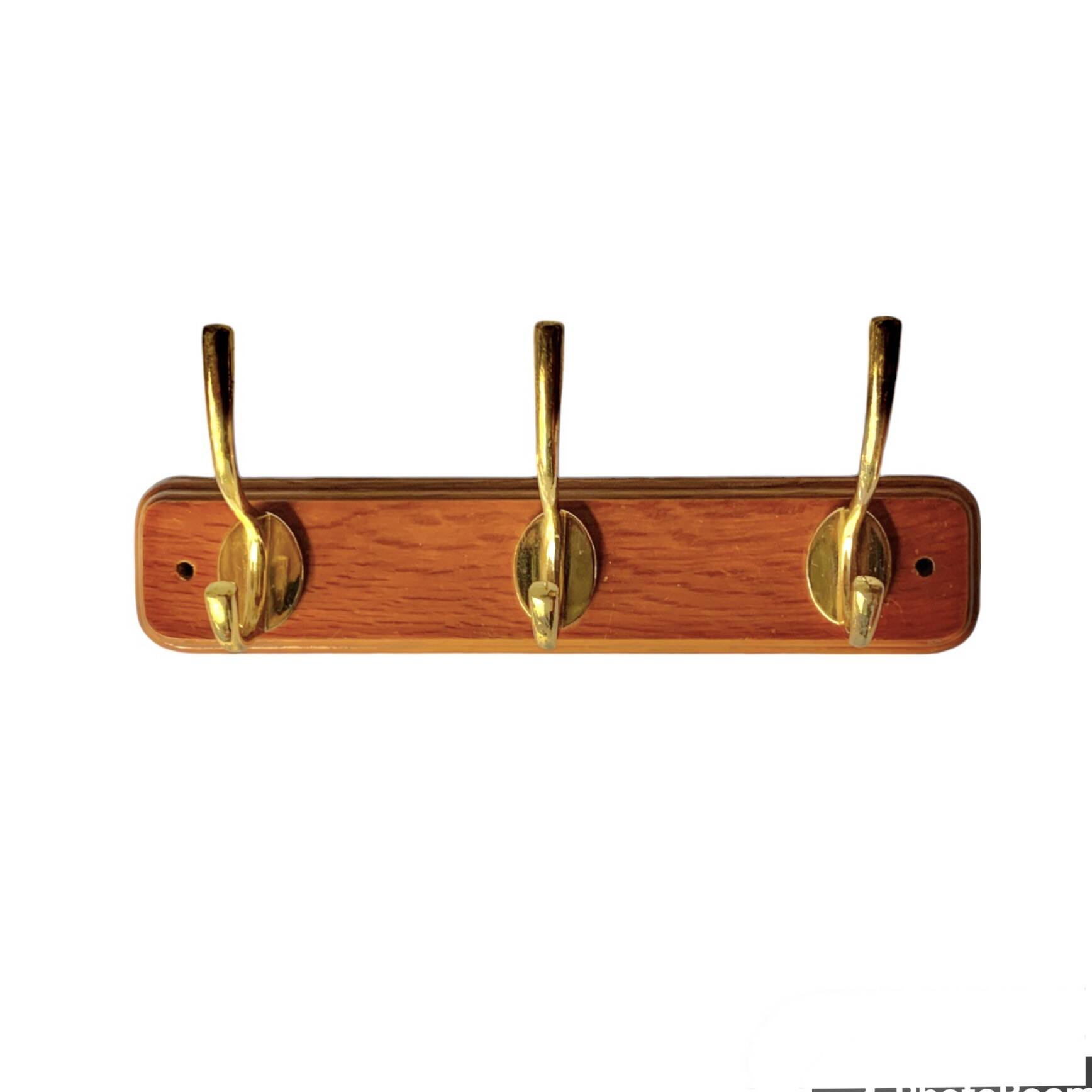 Vintage wall coat rack in lacquered wood - 3 golden hooks