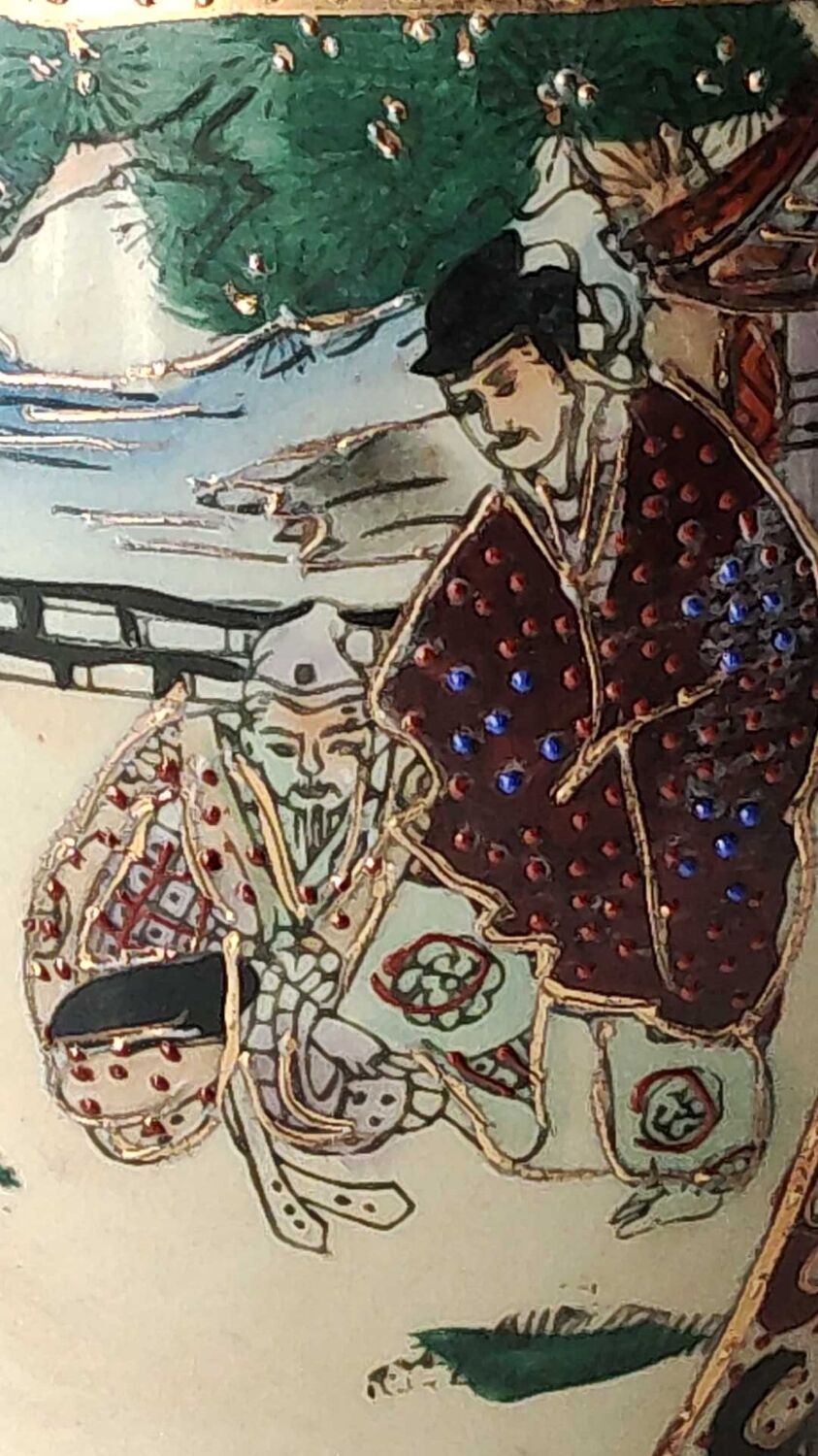 Chinese vase baluster in polychrome ceramics. Life scenes Japanese warriors/Samurai against a backdrop of wilderness