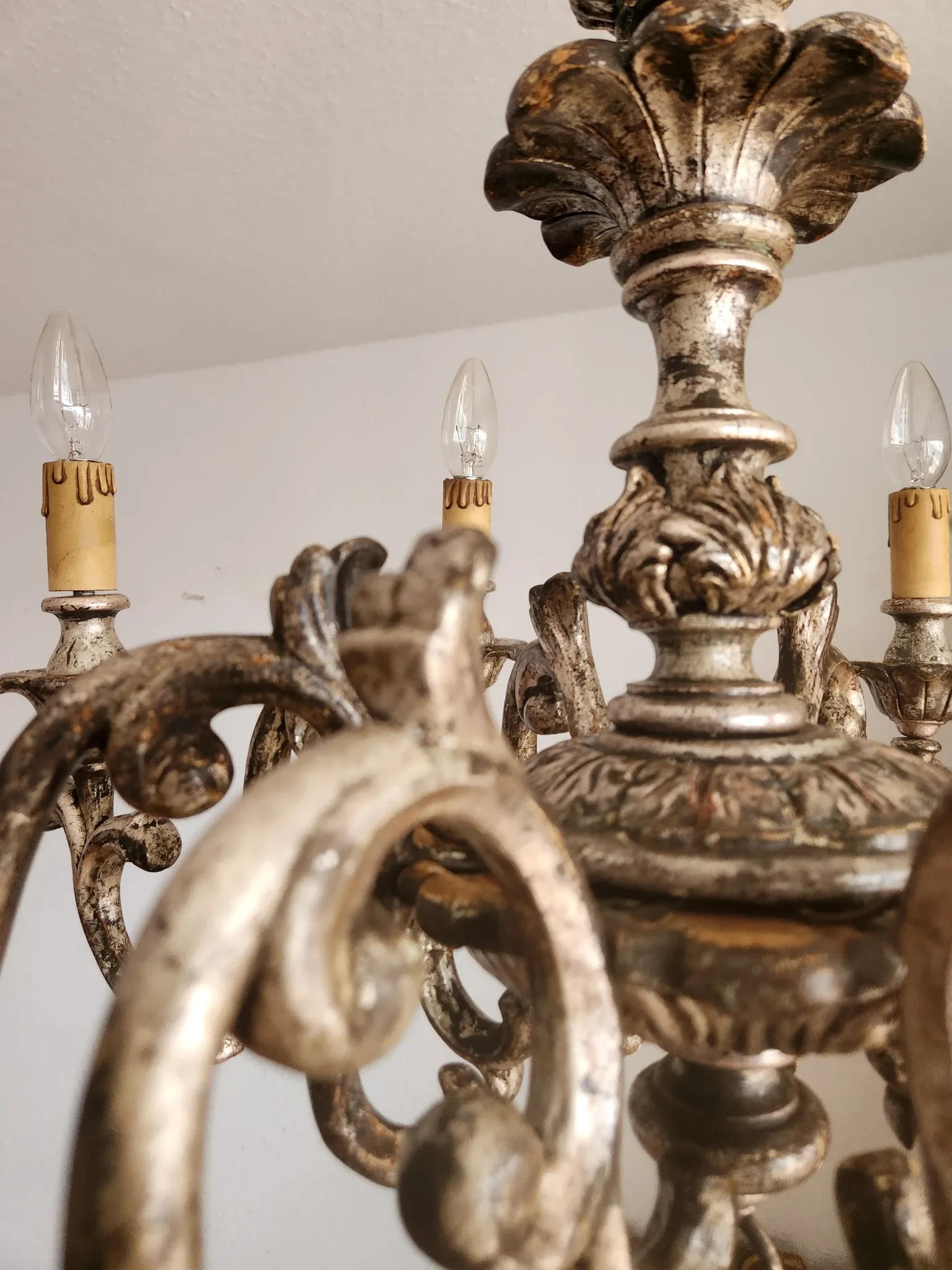 Xl Large Vintage Regency Mid Century Louis XV Baroque Rococo Hand Painted Carved Wood 8 Light Chandelier Floral, Italy, Florence 1920 1950