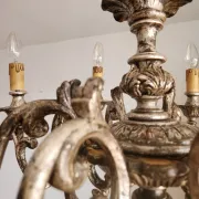 Xl Large Vintage Regency Mid Century Louis XV Baroque Rococo Hand Painted Carved Wood 8 Light Chandelier Floral, Italy, Florence 1920 1950