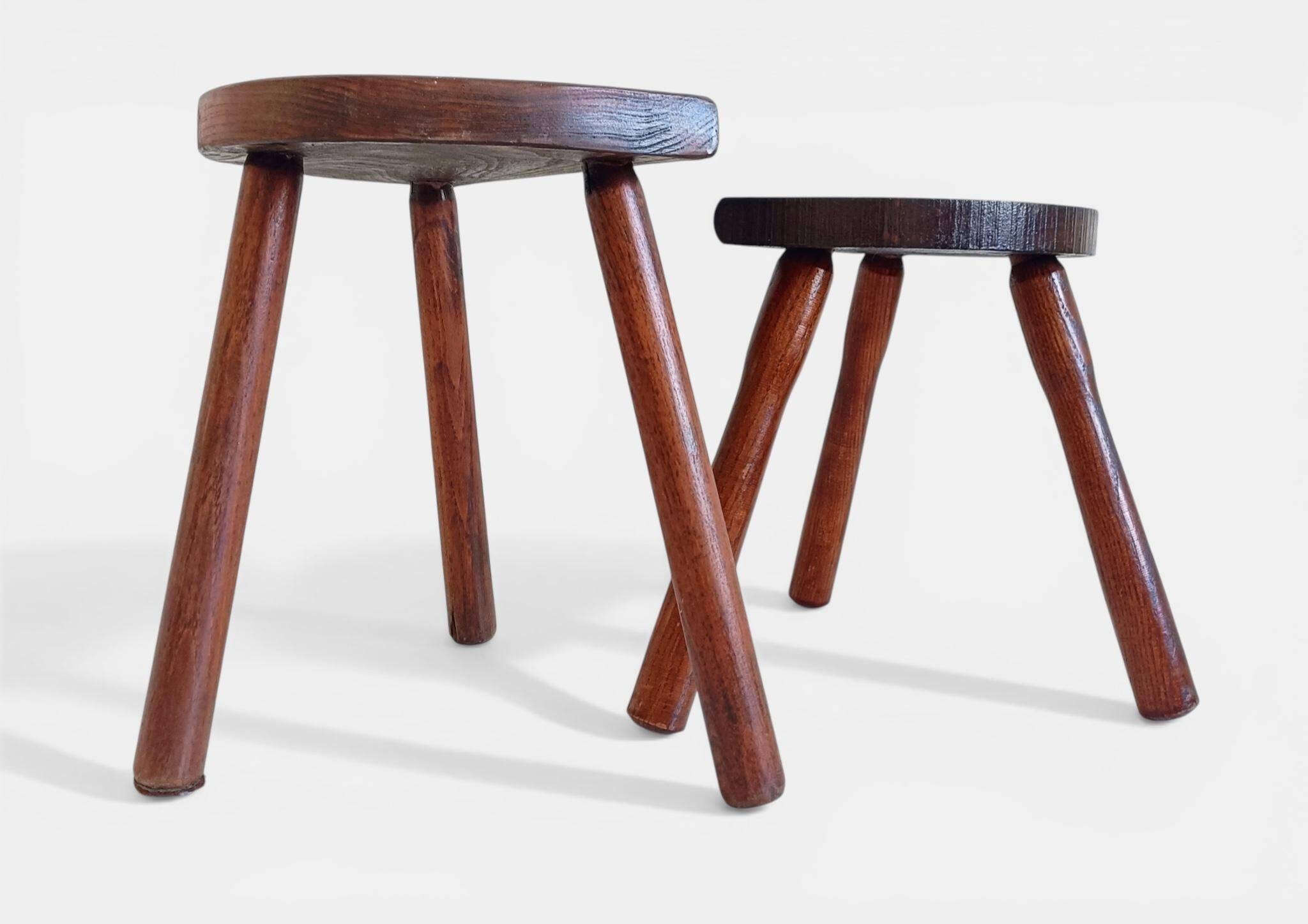 Antic Rustic Wabisabi Tripod Wooden Stools/ Accent Tables, France, Early 20th-C.