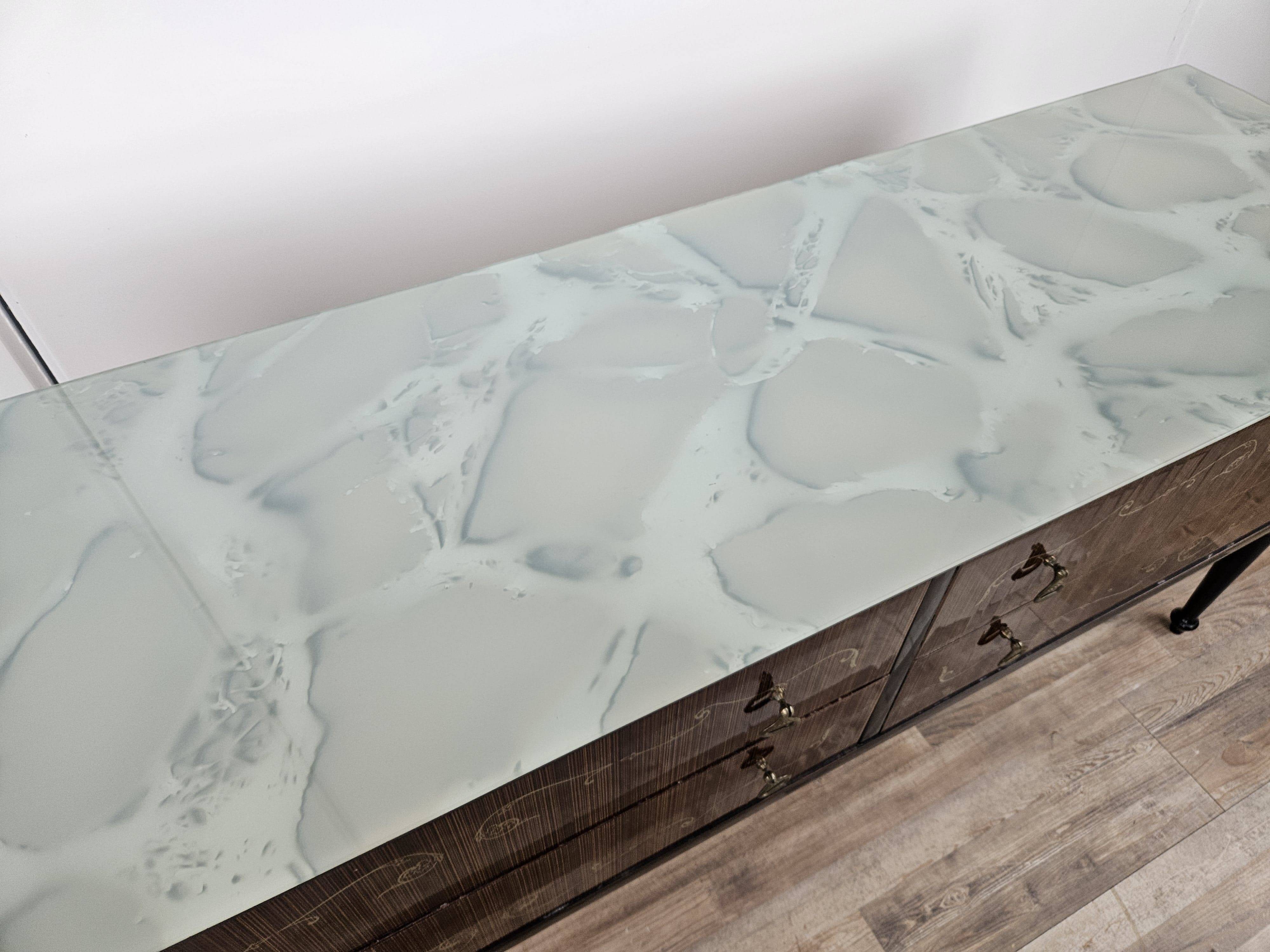 Mid Century Italian Dresser with Blue Glass Work and Four Drawers, 1960