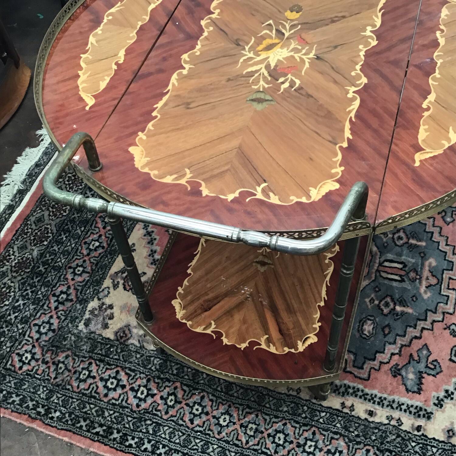 1960s marquetry bar cart on wheels