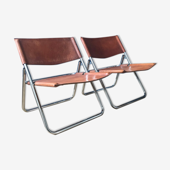 Mid-century leather folding lounge chairs, 1970s, set of 2