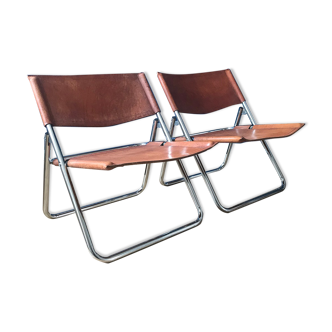 Mid-century leather folding lounge chairs, 1970s, set of 2