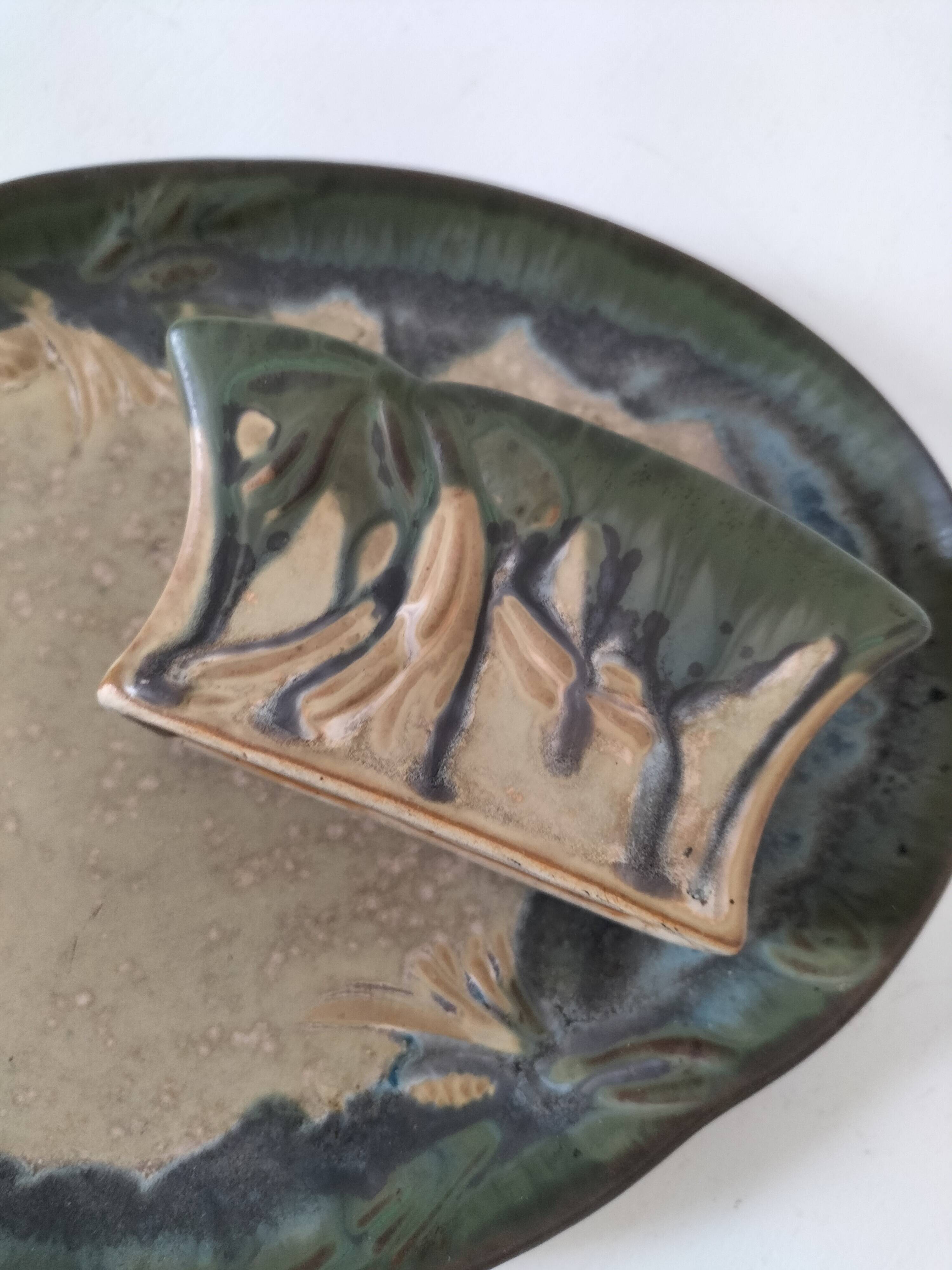 Pair of Denbac enamelled green and blue vide-poches.