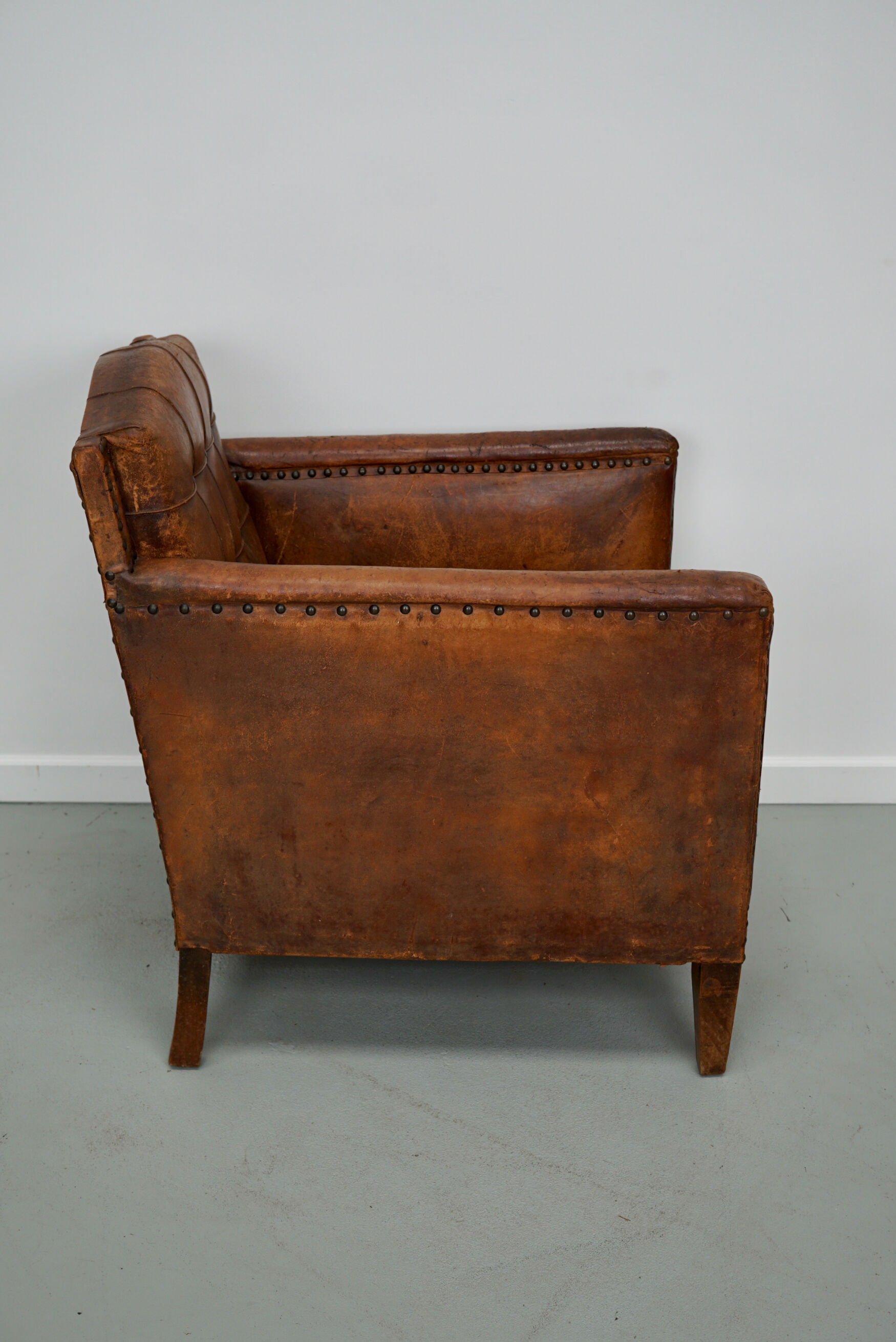 French cognac leather buttoned back club chair