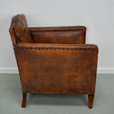 French cognac leather buttoned back club chair