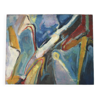Tableau, abstract painting signed Dalous, 1989