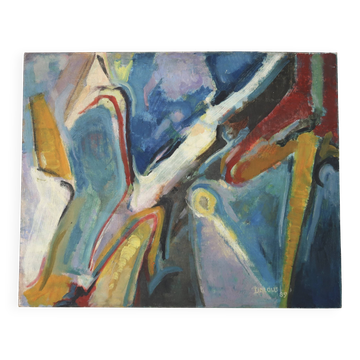 Tableau, abstract painting signed Dalous, 1989