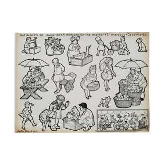 Planche ancienne pour enfant à colorier et découper