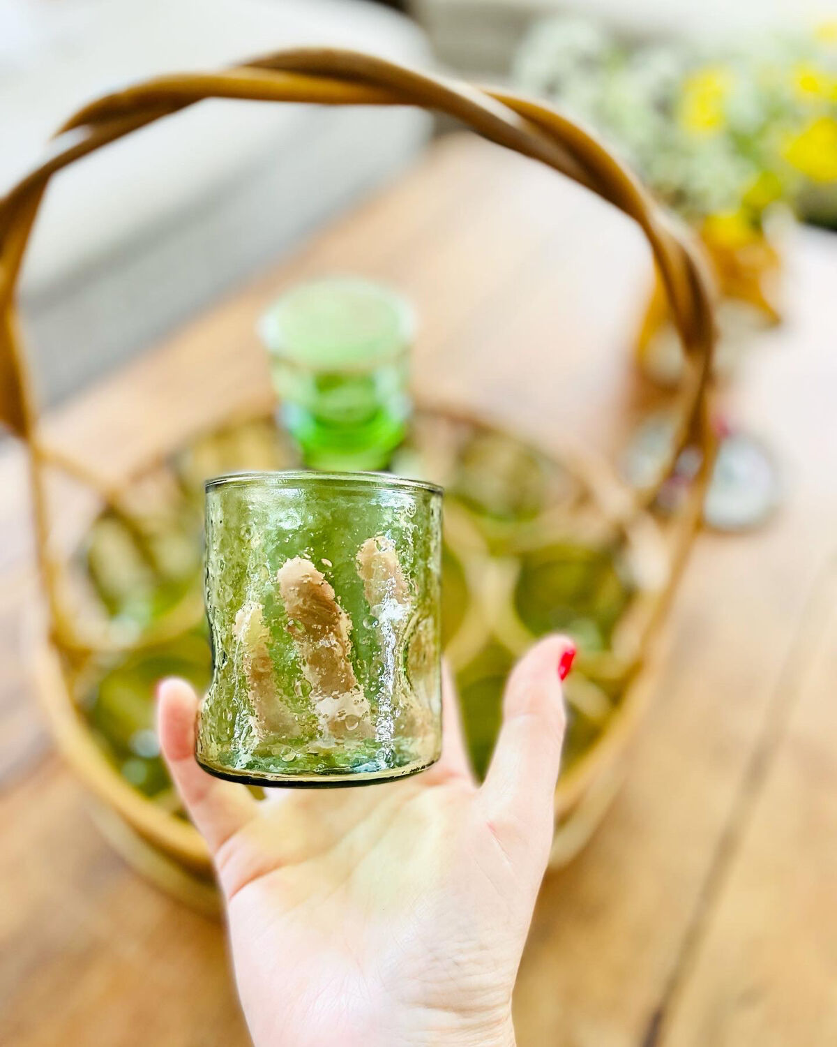 Service at orangeade vintage seventies green glass and rattan basket