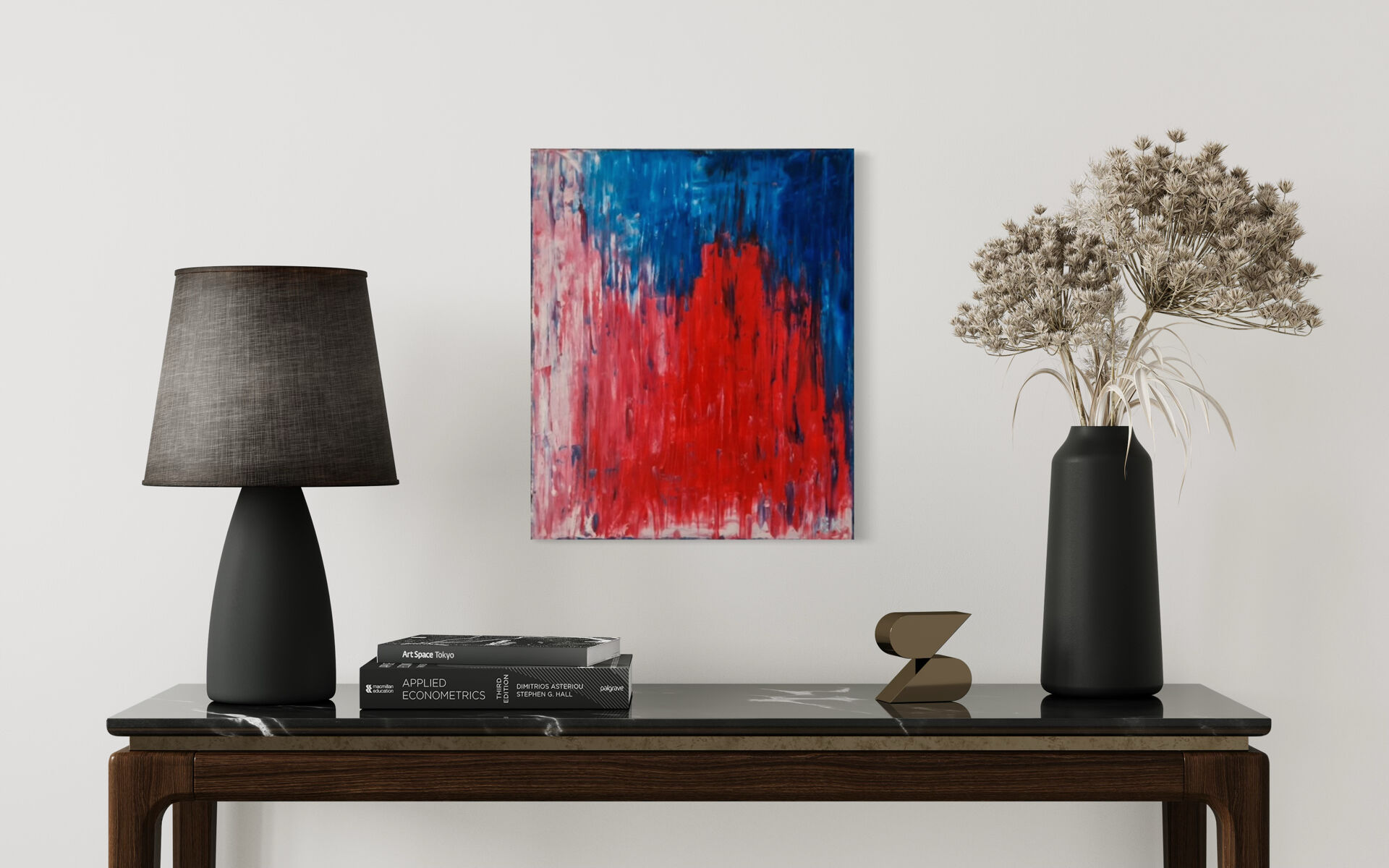 Abstract table red blue pink 46x38 cm painting signed