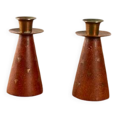 2x vintage small teak and brass triangle inlay candle sticks
