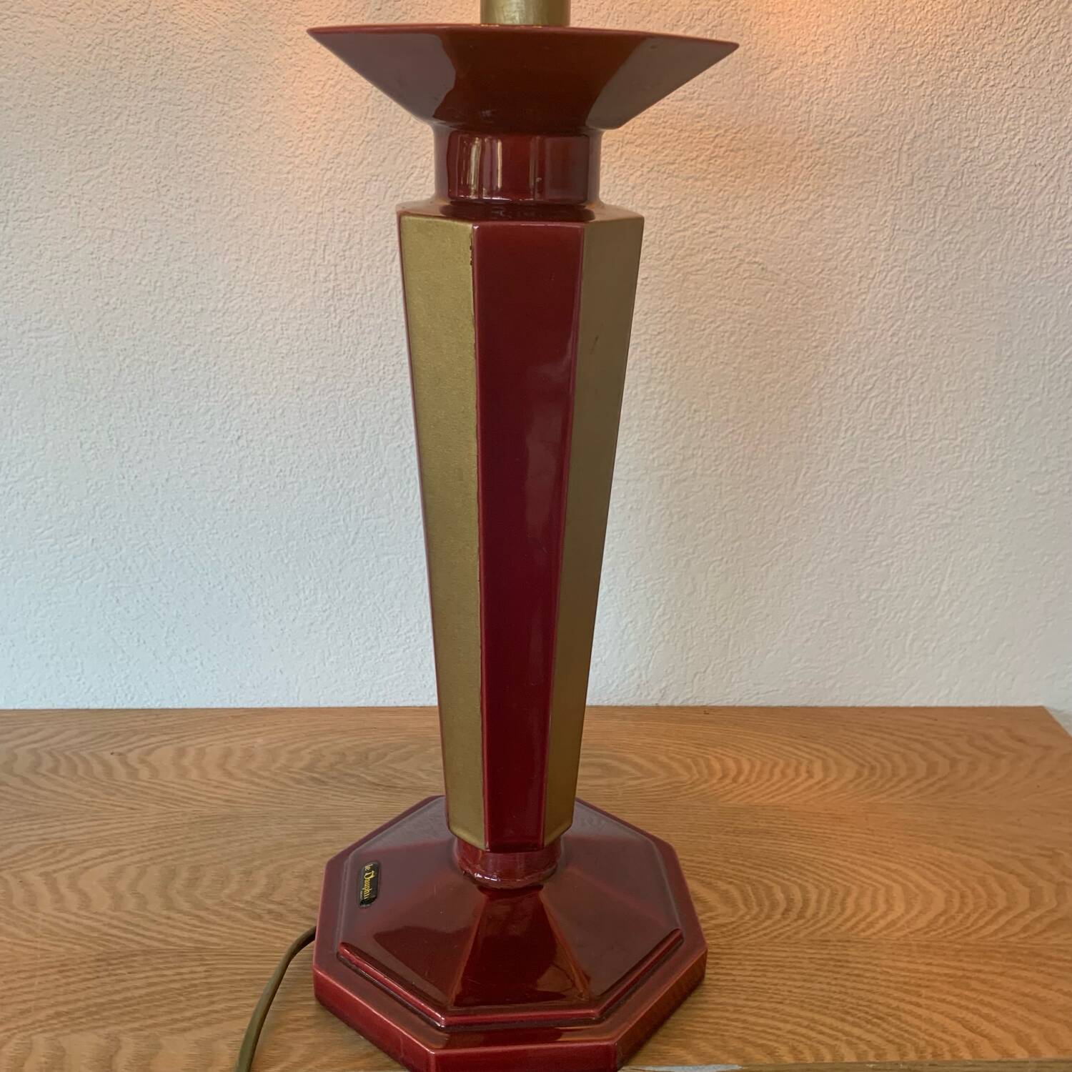 ▪️Vintage Lamp Le Dauphin Ceramic Bordeaux and Gold and Mother-of-pearl Lampshade Art Deco