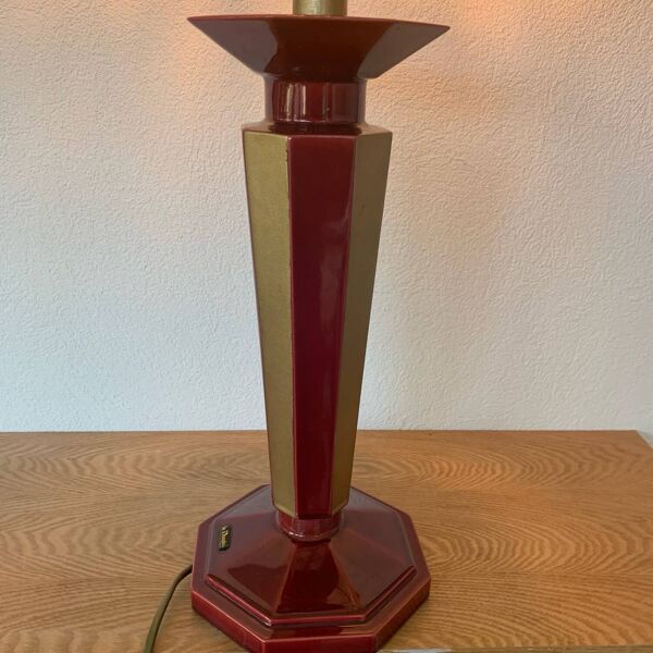 ▪️Lampe Vintage Le Dauphin Céramique Bordeau Et Or Et Abat Jour Nacre Art Deco