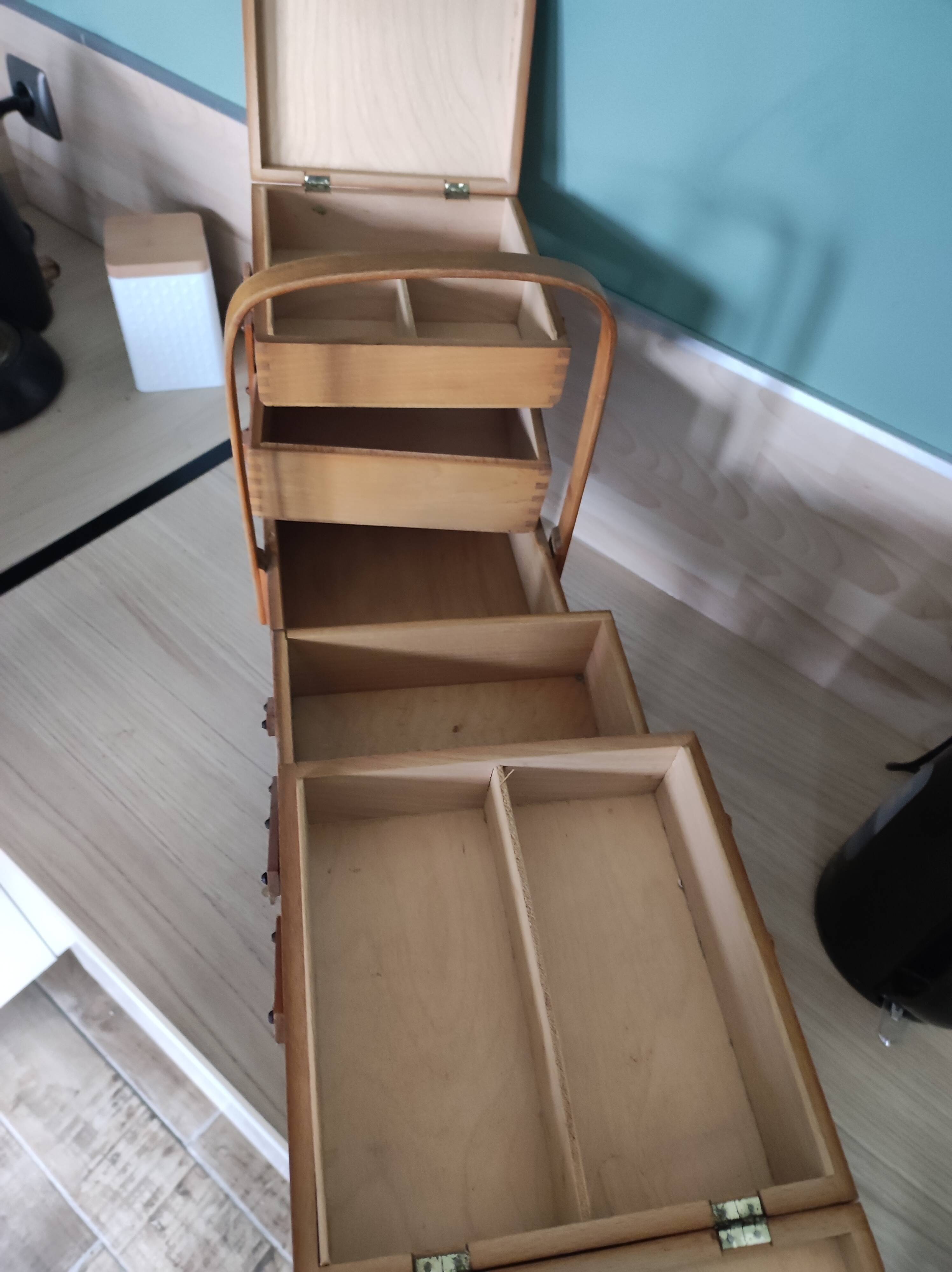 Sewing box worker wood feet compass vintage Scandinavian style