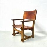 Antique French Handmade Brutalist Oak & Cognac Leather Castle Chair, 1920s.