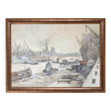 Watercolor by guy marc (1918-1995). port of rouen, 1974